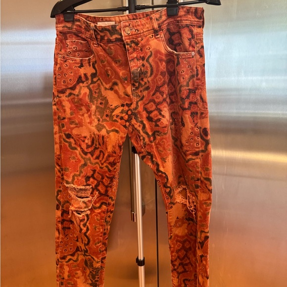 Anthrpologie Pilcro Orange Distressed & Patterned Straight Leg Pants - Picture 3 of 12